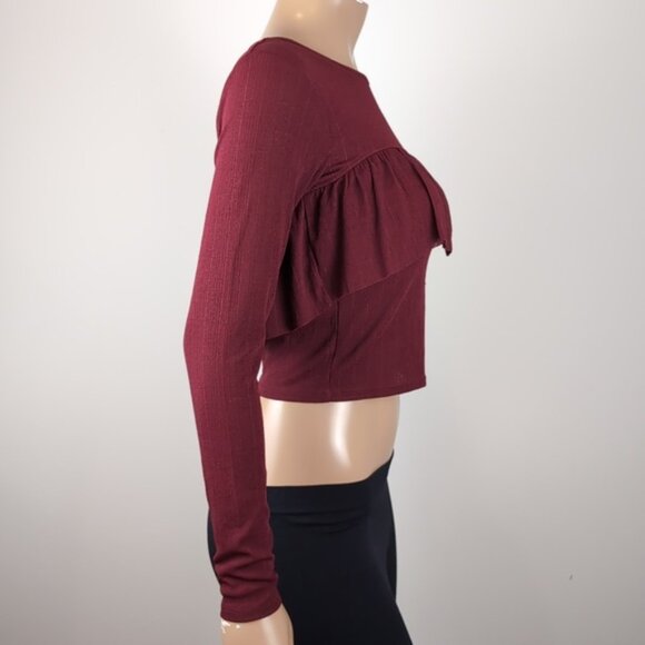 3/$20 Zara W&B Collection Maroon Long Sleeve Crop Top Tiered Ruffle Flounce Fall - Picture 8 of 11